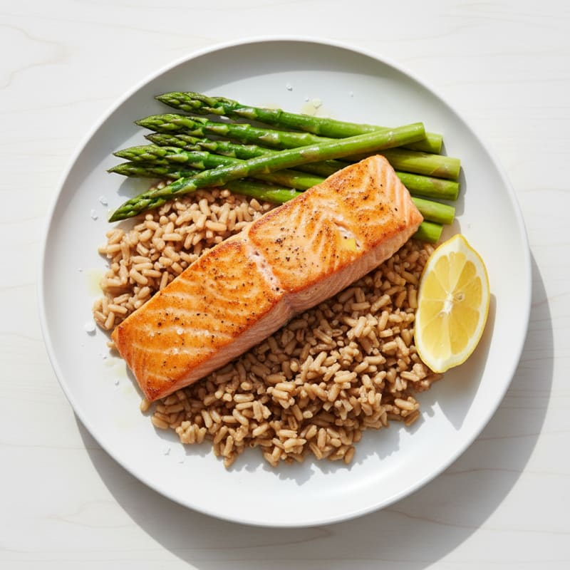 Seared Salmon Fillet with Steamed Asparagus and Brown Rice
