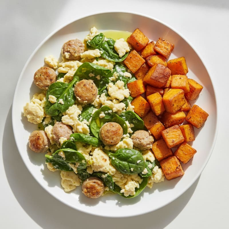 Egg White Spinach Scramble with Turkey Sausage and Roasted Sweet Potato