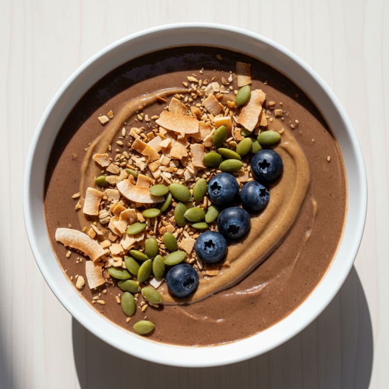 Protein Chocolate Banana Smoothie Bowl with Toasted Coconut and Pumpkin Seeds