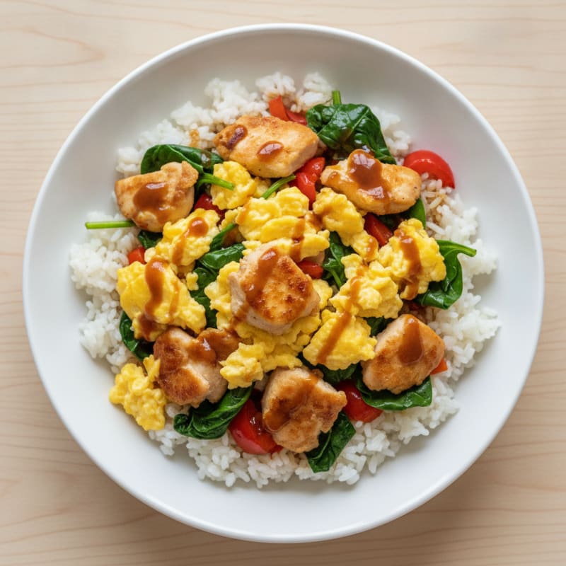 Scrambled Egg and Chicken Veggie Rice Bowl
