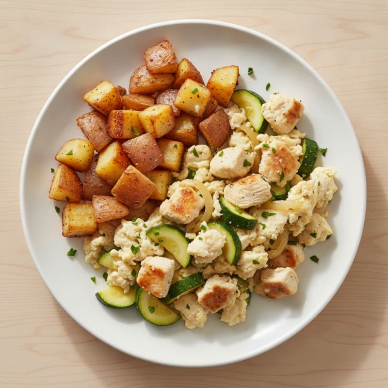 Egg White Chicken Scramble with Sautéed Zucchini and Onions