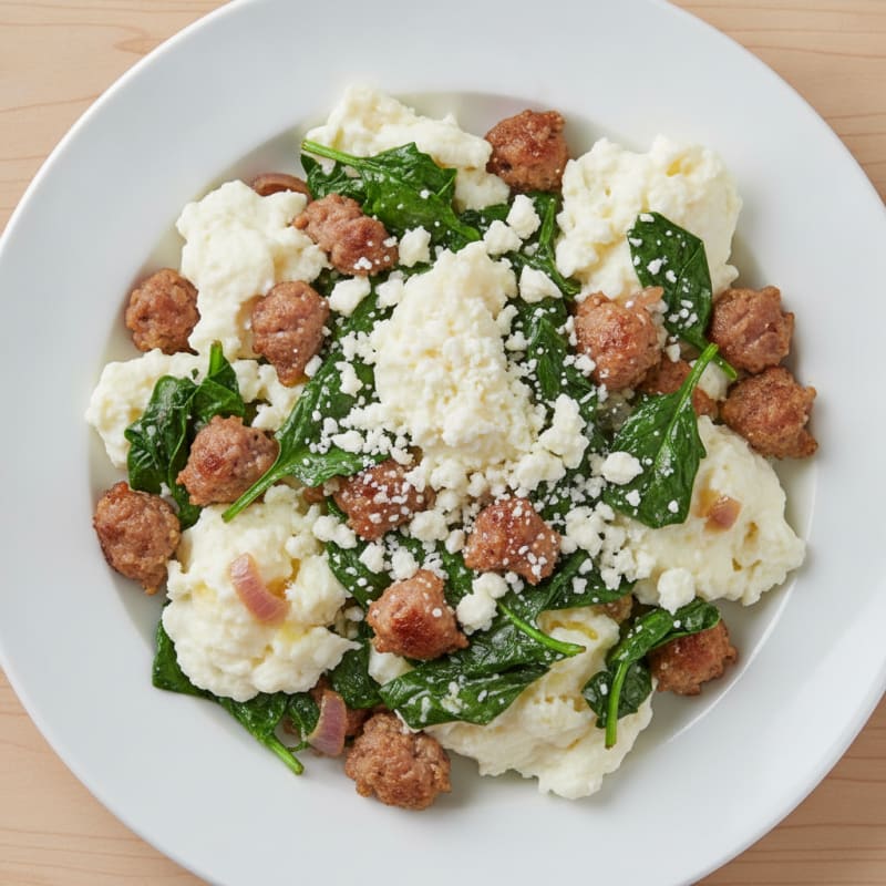 Egg White Scramble with Turkey Sausage and Sautéed Spinach