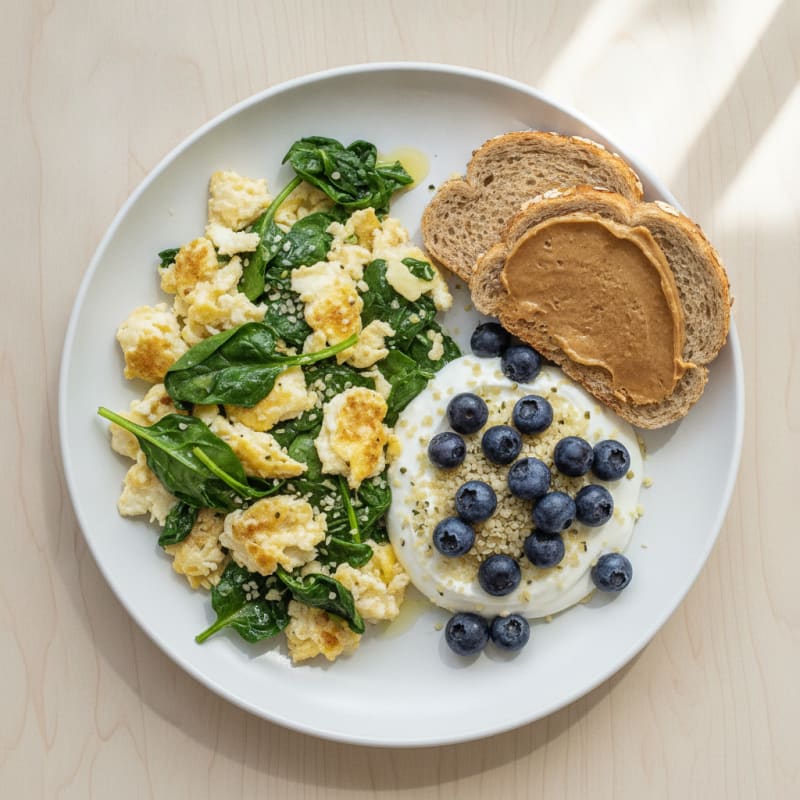 Egg White and Spinach Scramble with Greek Yogurt and Berries