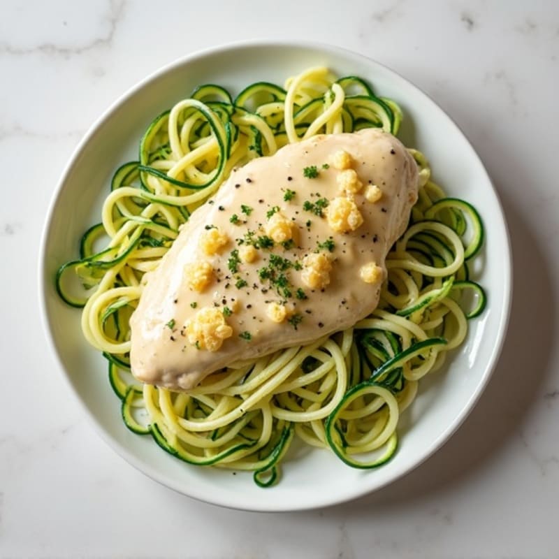 Creamy Cauliflower Alfredo Chicken with Zucchini Noodles