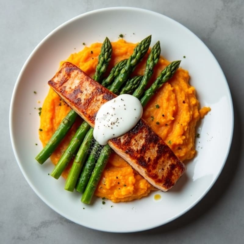 Seared Salmon Fillet with Roasted Asparagus and Sweet Potato Mash