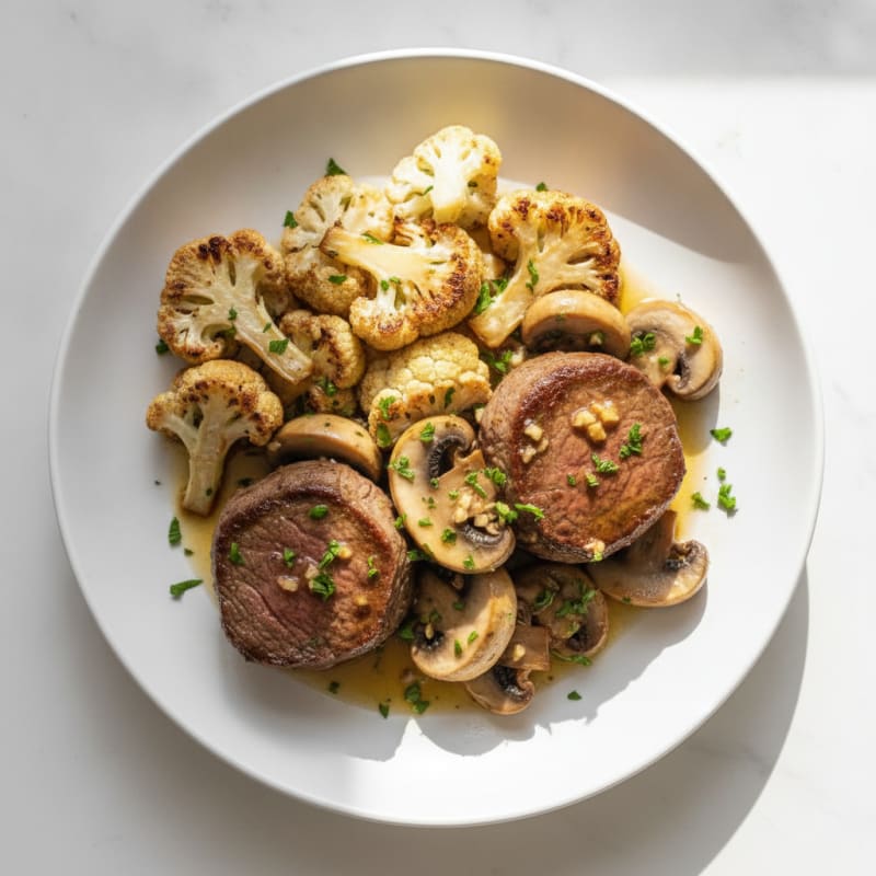 Seared Lean Beef with Roasted Cauliflower and Garlic Mushrooms