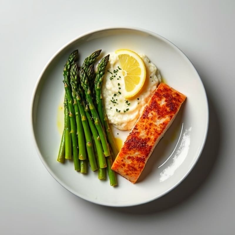 Seared Salmon with Steamed Asparagus and Cauliflower Mash