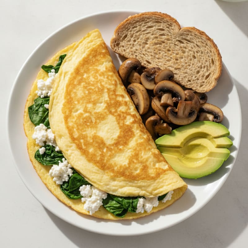Egg White Spinach Omelette with Cottage Cheese and Sautéed Mushrooms