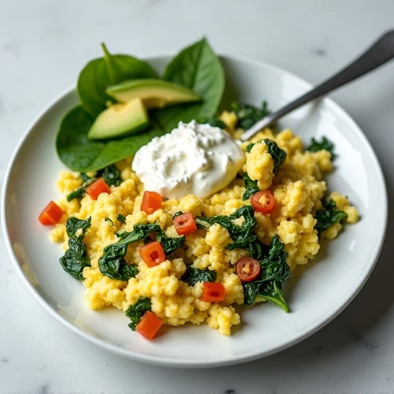 Egg White Spinach Scramble with Cottage Cheese and Sliced Turkey