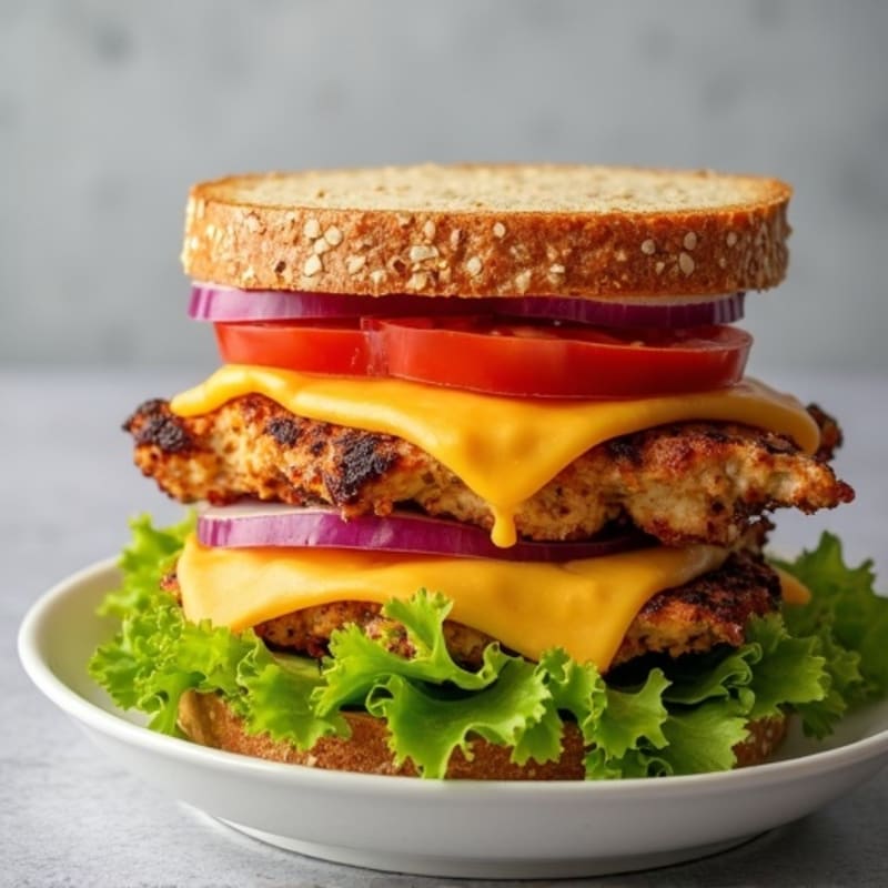 Stacked Grilled Chicken and Fresh Veggie Sandwich with Melted Cheese