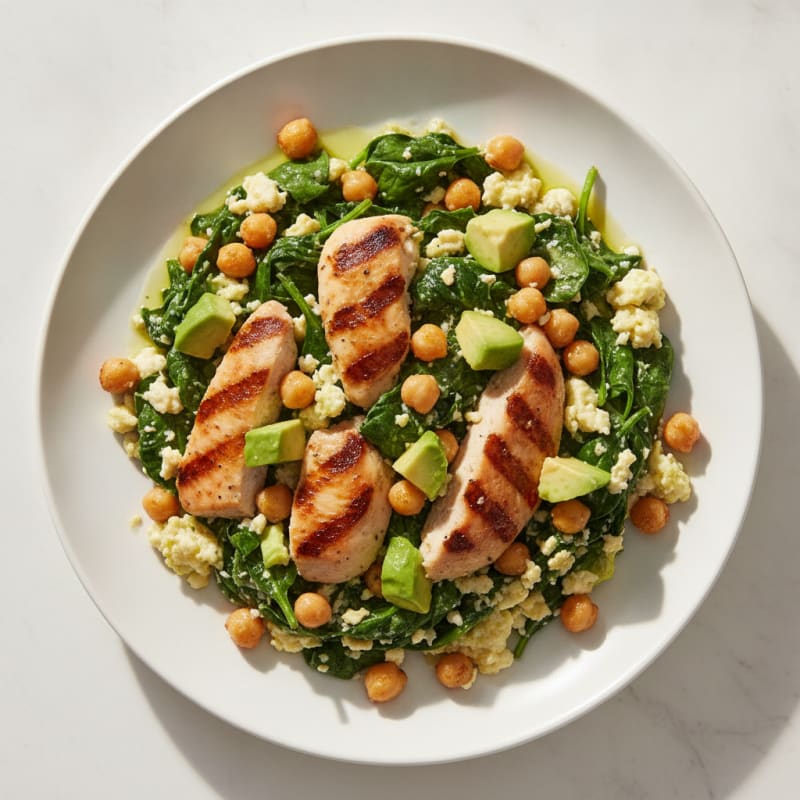 Crispy Chickpea and Spinach Scramble with Grilled Chicken