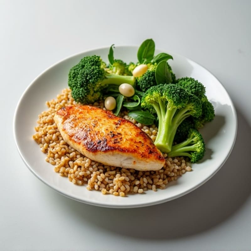 Seared Chicken Breast with Brown Rice, Steamed Broccoli & Egg-Infused Salad