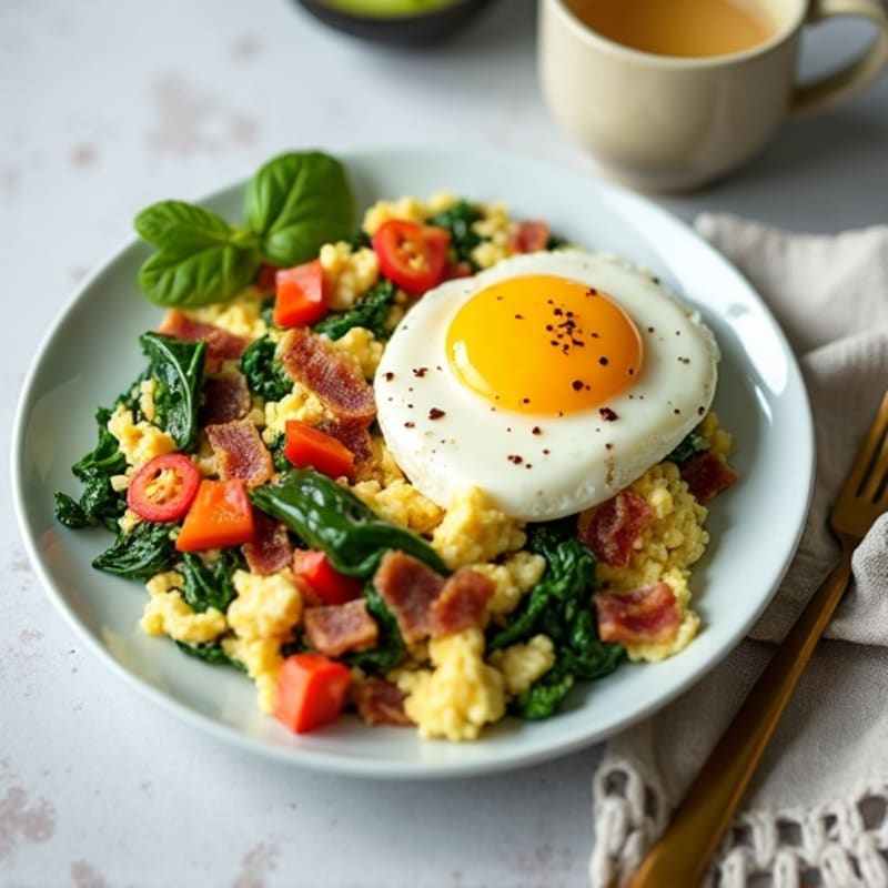 Cottage Cheese Egg Scramble with Spinach and Turkey Bacon