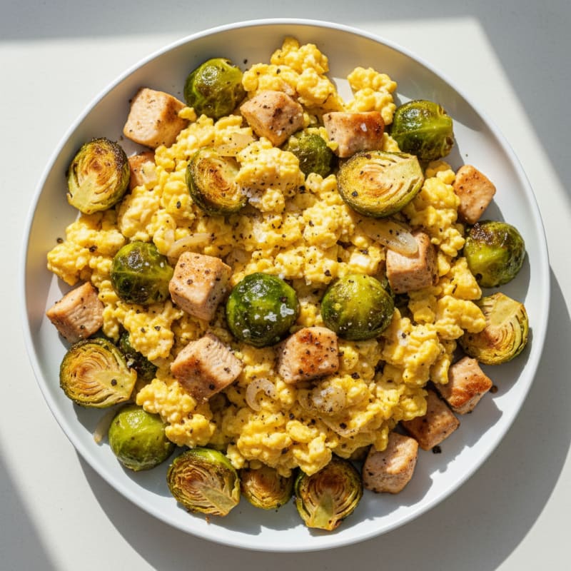 Scrambled Eggs with Chicken and Roasted Brussels Sprouts