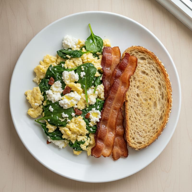 Cottage Cheese Egg Scramble with Spinach and Turkey Bacon