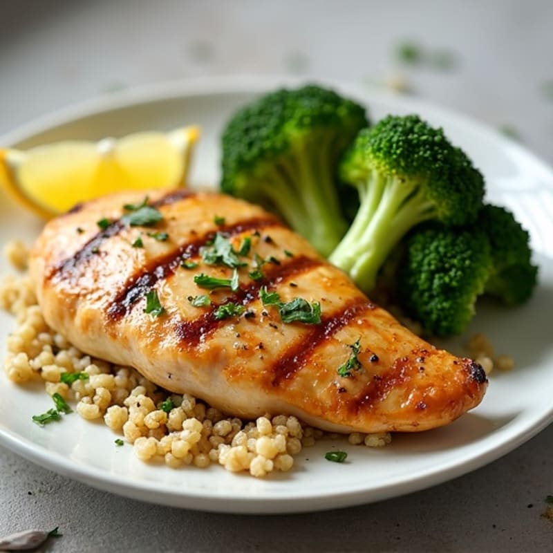 Grilled Lemon Garlic Chicken Breast with Quinoa and Roasted Broccoli