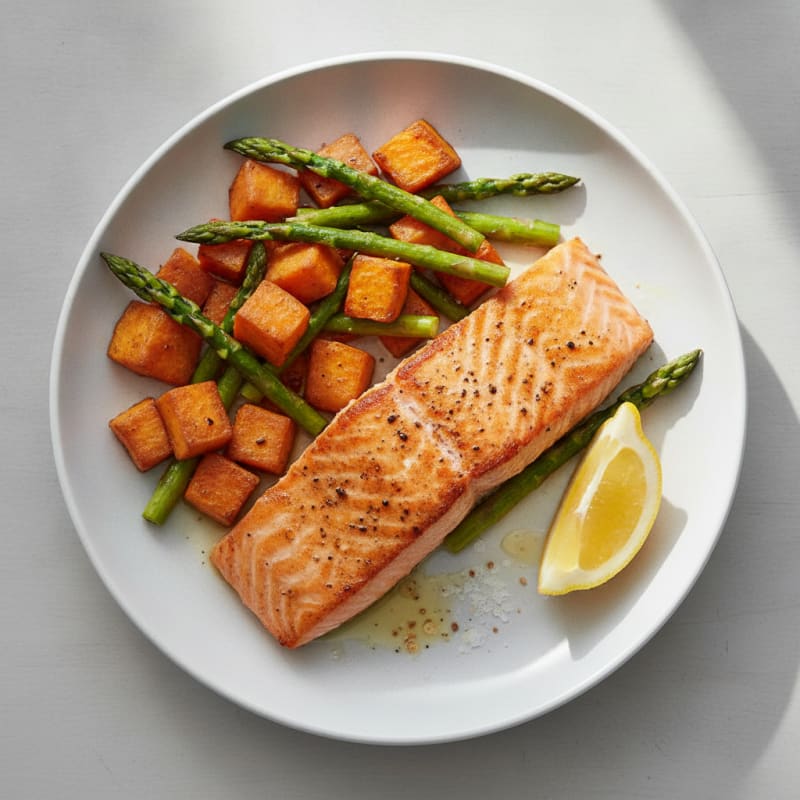 Seared Salmon Fillet with Roasted Sweet Potatoes and Asparagus