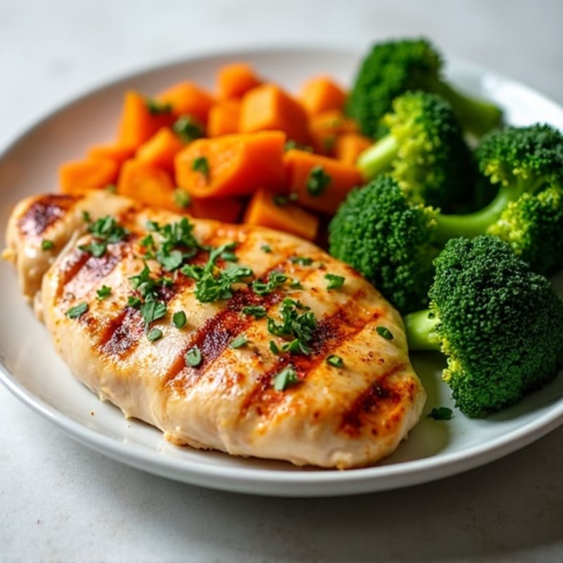 Grilled Chicken Breast with Roasted Sweet Potato and Steamed Broccoli
