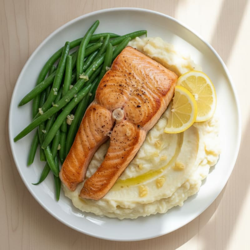 Seared Salmon with Steamed Green Beans and Garlic Mashed Cauliflower