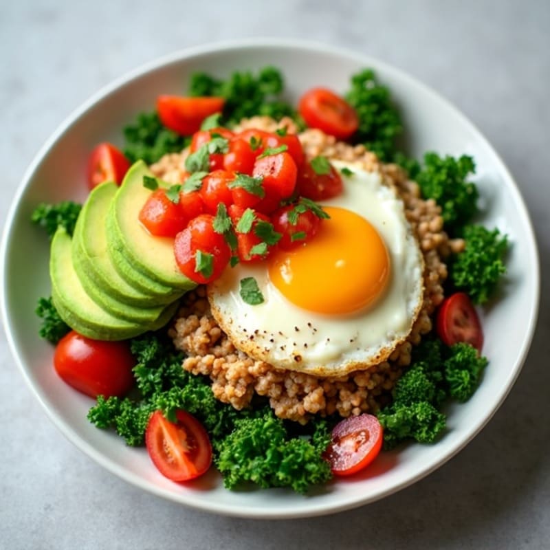 Ground Turkey and Kale Scramble with Eggs, Creamy Avocado, and Zesty Salsa