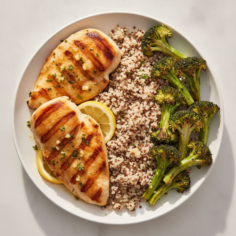 Grilled Lemon Garlic Chicken Breast with Quinoa and Roasted Broccoli