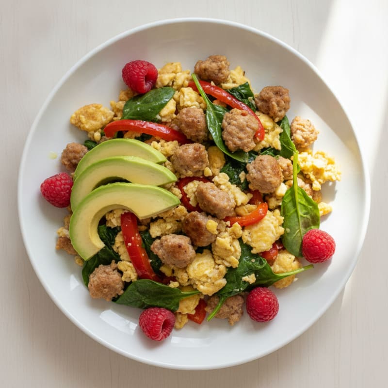 Egg White and Turkey Sausage Scramble with Sautéed Spinach