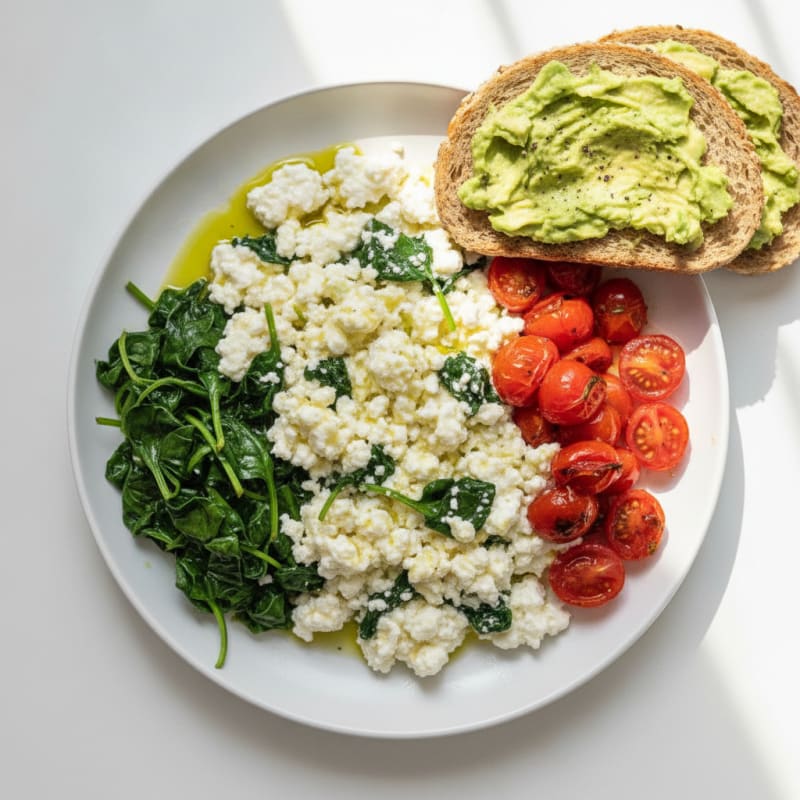 Cottage Cheese Egg White Scramble with Sautéed Spinach and Cherry Tomatoes