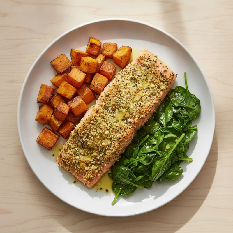 Herb-Crusted Salmon with Roasted Sweet Potatoes
