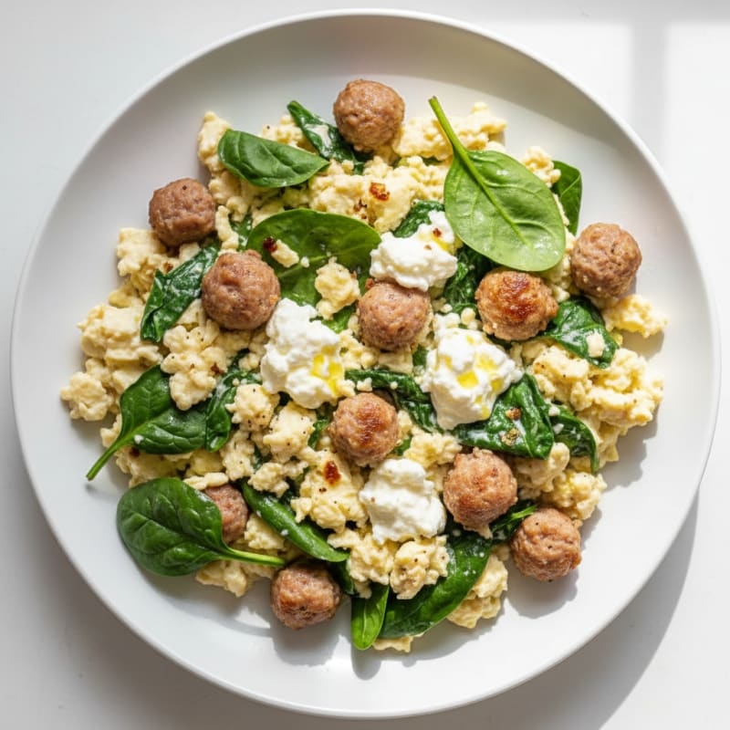 Egg White and Turkey Sausage Scramble with Spinach and Cottage Cheese