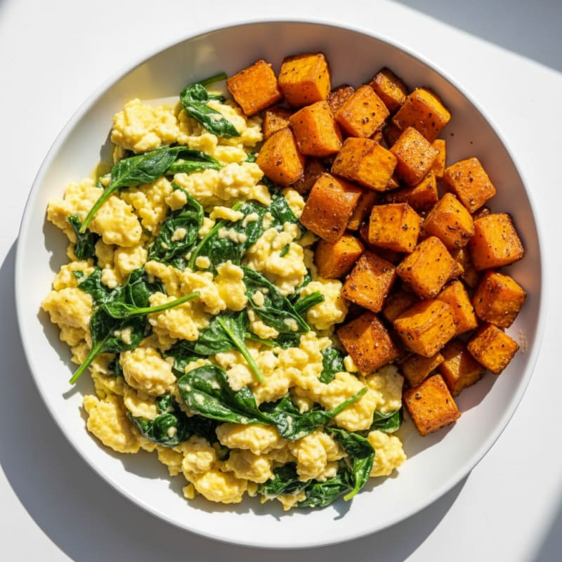 Cottage Cheese Scramble with Spinach and Roasted Sweet Potato
