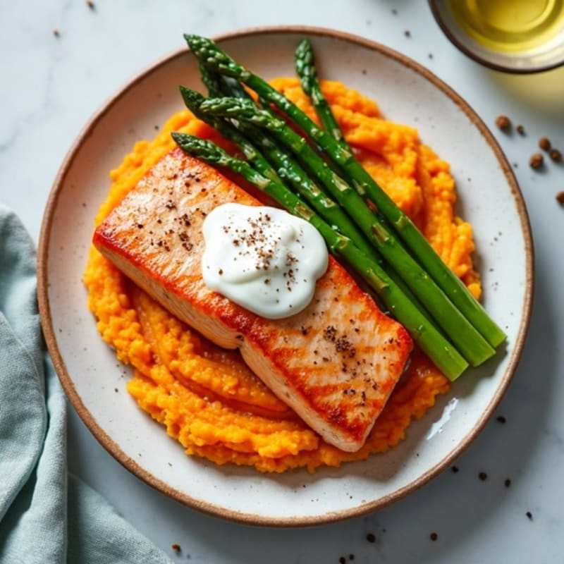 Seared Salmon Fillet with Roasted Asparagus and Sweet Potato Mash