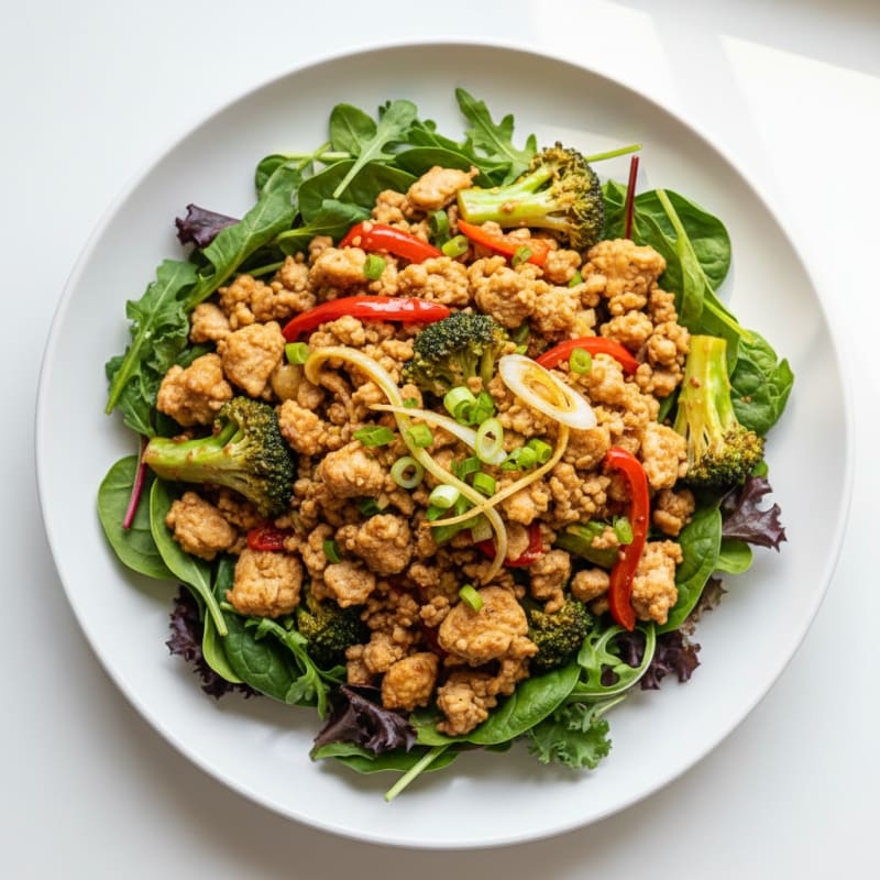 Ground Chicken and Broccoli Stir-Fry with Mixed Greens