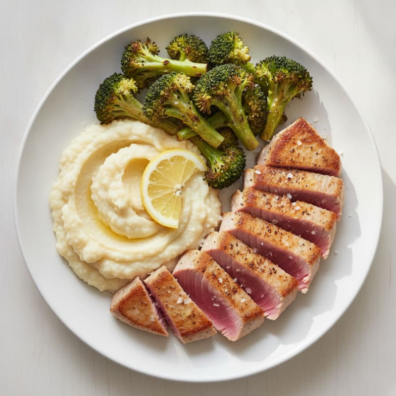 Seared Tuna Steak with Roasted Broccoli and Cauliflower Mash