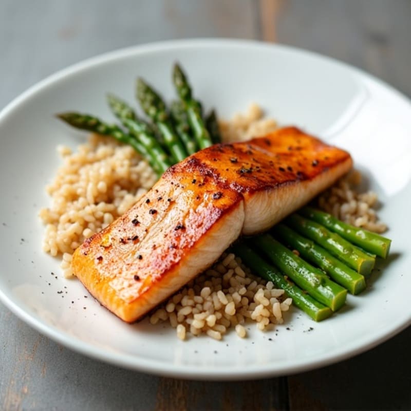 Seared Salmon with Steamed Asparagus and Brown Rice