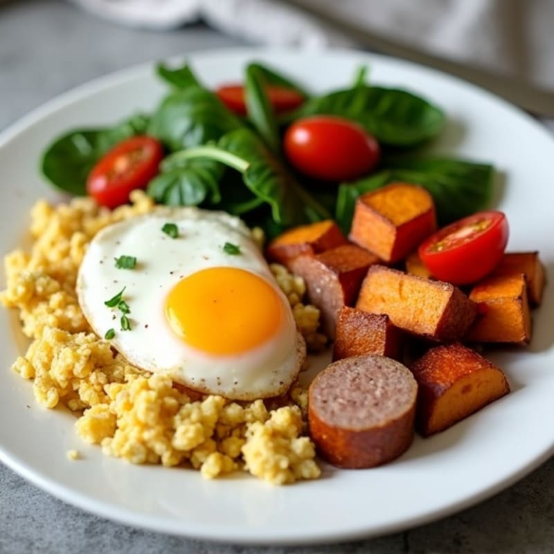 Egg White and Turkey Sausage Scramble with Roasted Sweet Potatoes