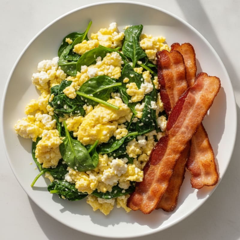 Cottage Cheese Scramble with Sautéed Spinach and Turkey Bacon