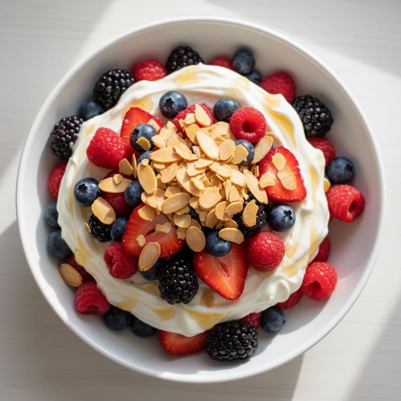 Greek Yogurt Protein Parfait with Mixed Berries and Almonds