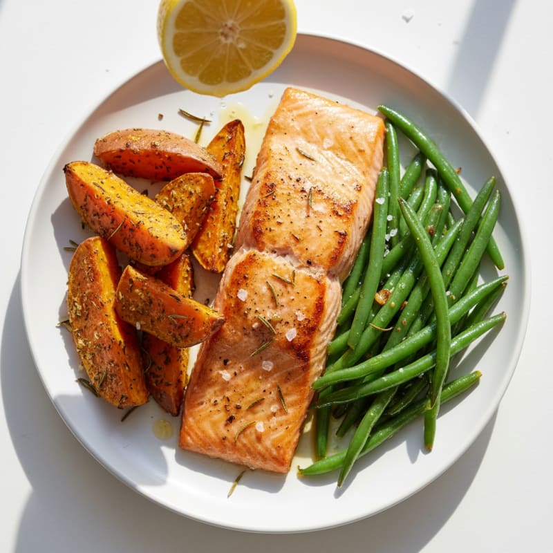 Baked Salmon with Herb-Roasted Sweet Potato and Green Beans