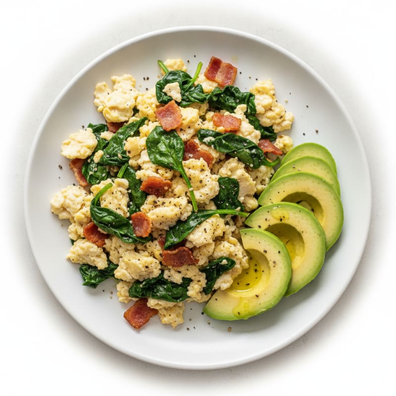 Crispy Turkey Bacon Egg White Scramble with Sautéed Spinach