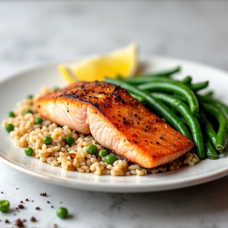 Seared Salmon Fillet with Steamed Green Beans and Brown Rice