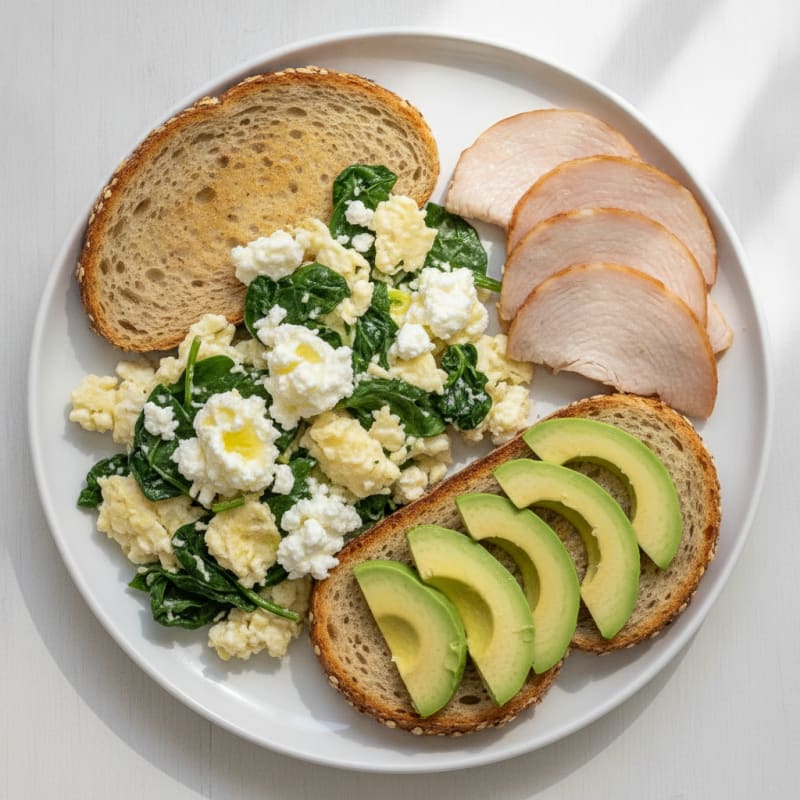 Egg White Spinach Scramble with Cottage Cheese and Sliced Turkey
