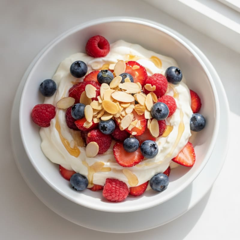 Greek Yogurt Protein Parfait with Mixed Berries and Almonds