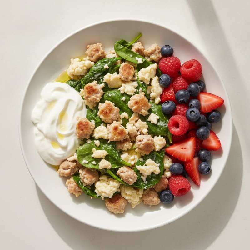 Egg White and Turkey Sausage Scramble with Greek Yogurt and Berries