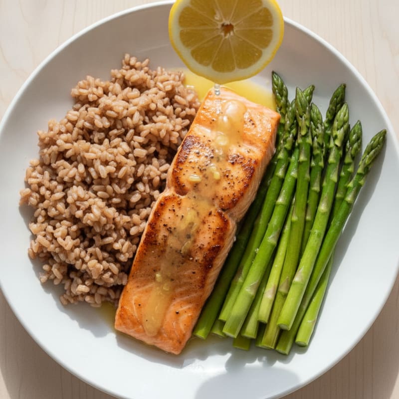 Seared Salmon with Steamed Asparagus and Brown Rice