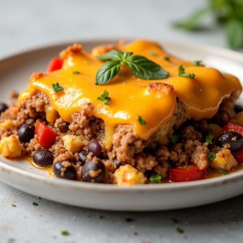 Baked Lean Ground Beef and Black Bean Cheesy Tortilla Casserole