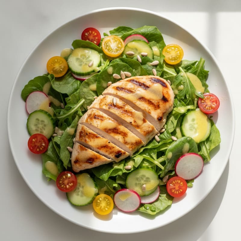 Grilled Chicken Breast Salad with Crunchy Greens and Lemon Vinaigrette
