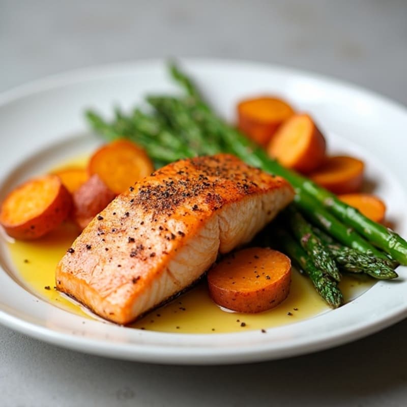 Seared Salmon with Roasted Sweet Potatoes and Asparagus