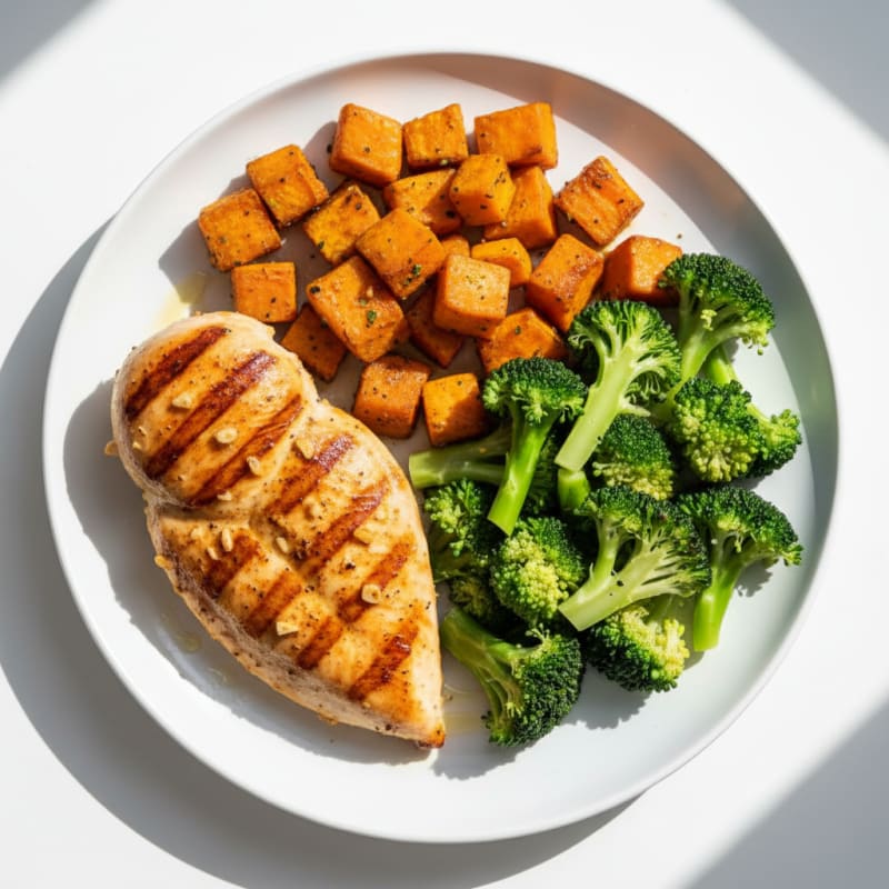 Grilled Chicken Breast with Roasted Sweet Potato and Steamed Broccoli