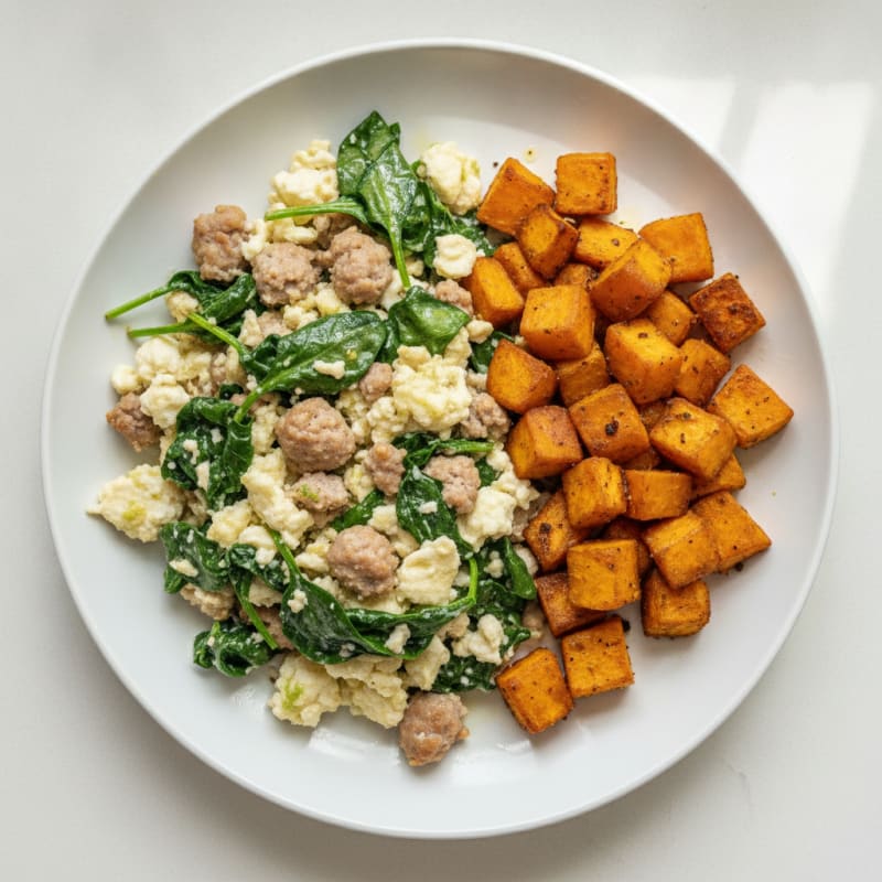 Egg White and Turkey Sausage Scramble with Spinach and Roasted Sweet Potatoes
