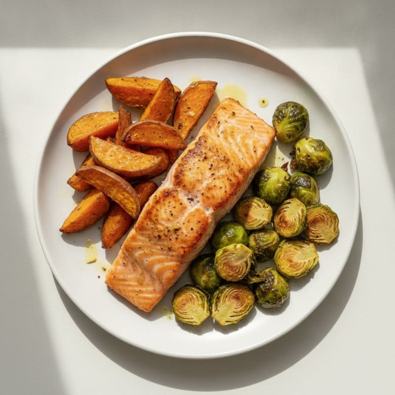 Seared Salmon Fillet with Roasted Sweet Potato and Crispy Brussels Sprouts